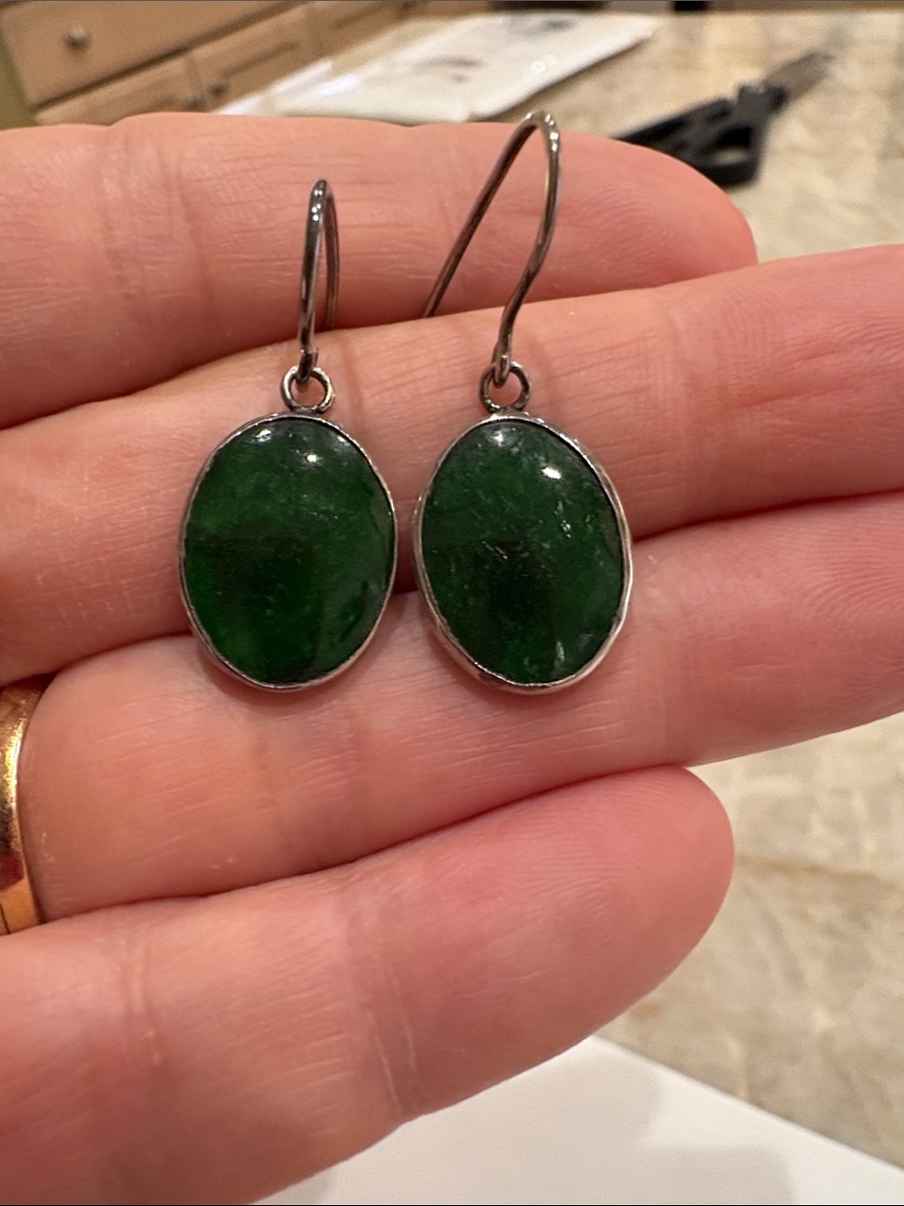 Jade and Silver Oval Stone Drop Earrings